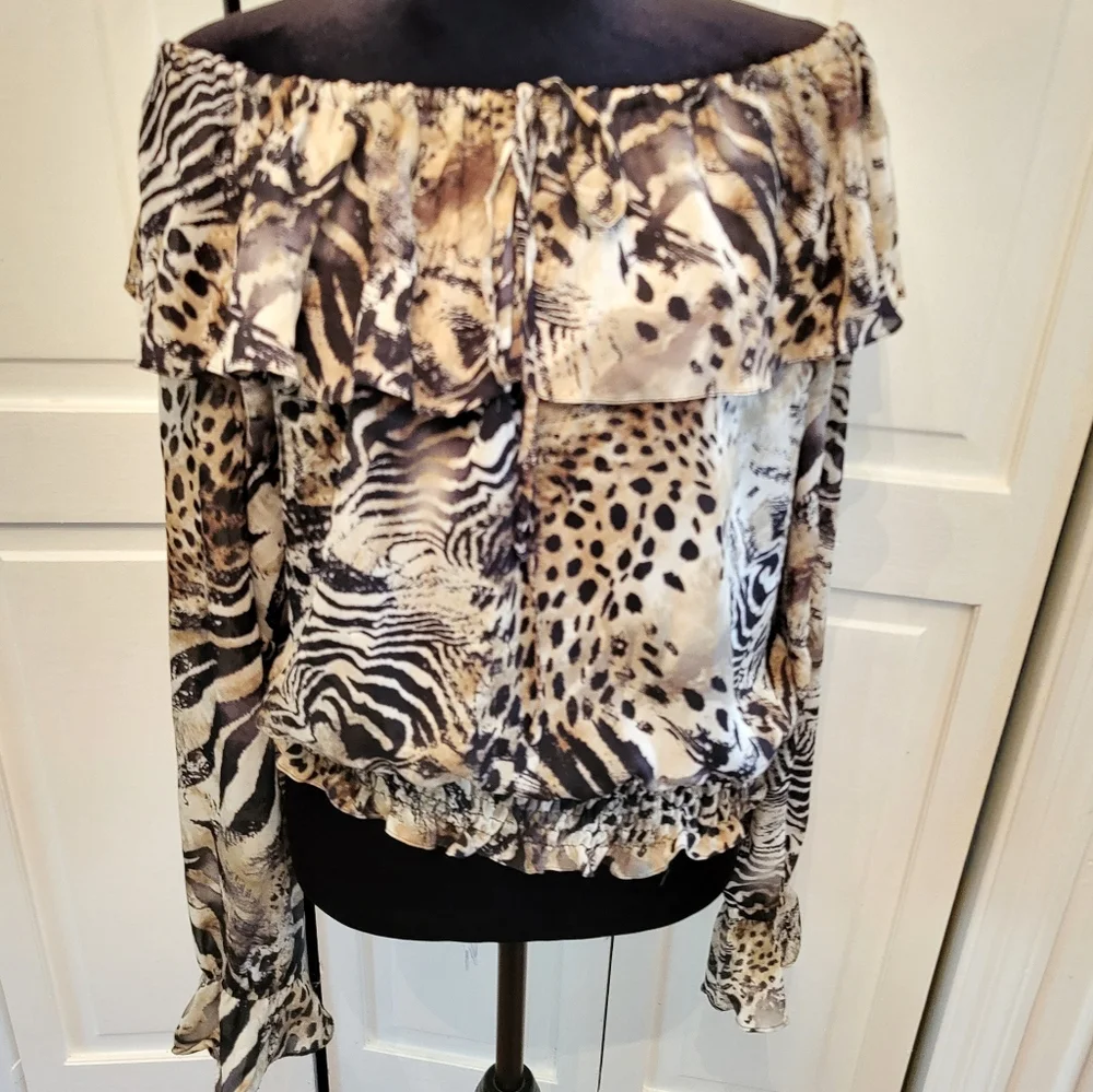 4/$19 Y2k Sheer Animal Print On/Off Shoulder Blouse Smocked Bottom Going Out - Picture 1 of 8